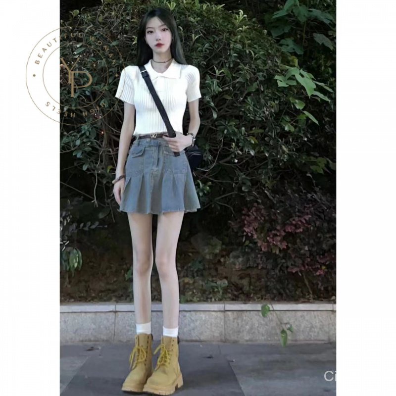 Set Áo Và Chân Váy Denim Phong Cách Hong Kong Ngọt Ngào Cho Nữ