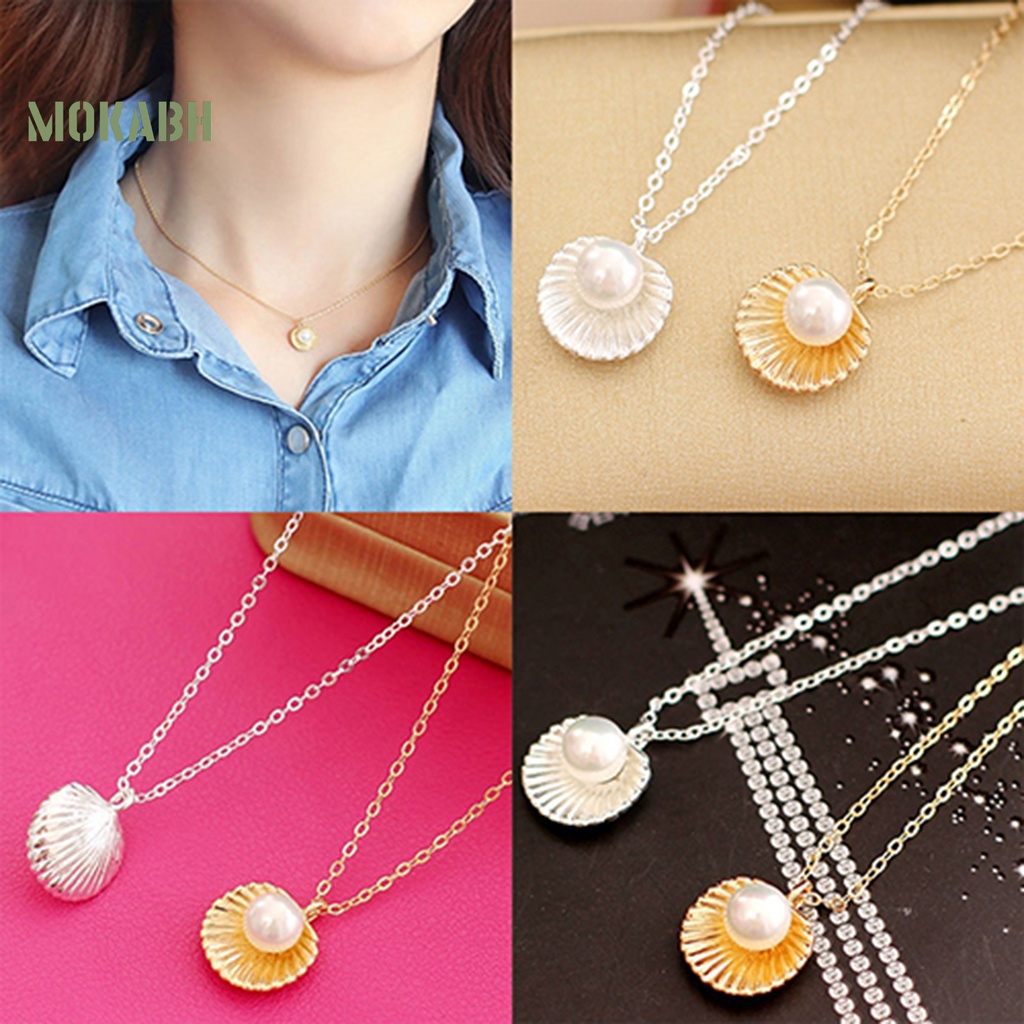 [Mok Abh] Vòng Cổ Kết Hạt Giả Ngọc Trai Với Mặt Dây Hình Vỏ Sò
