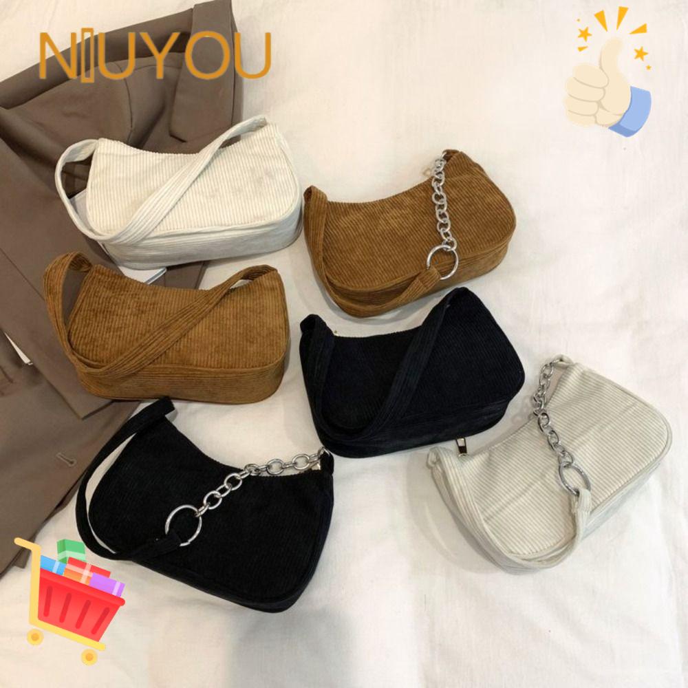 NIUYOU Túi Xách Nhung Kẻ Phối Dây Xích Phong Cách Thời Trang Retro