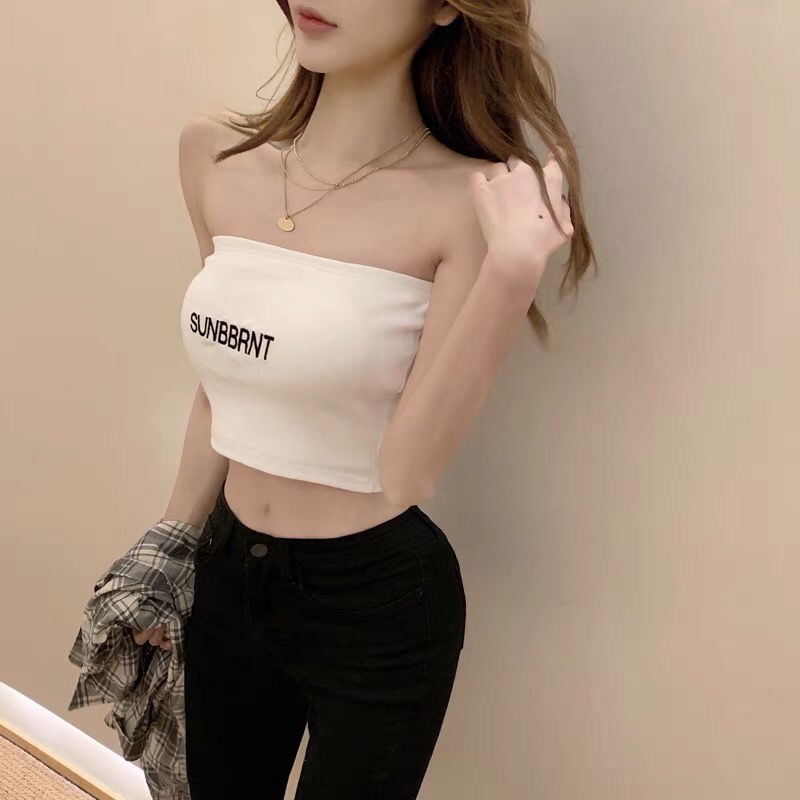 Áo Ống Ngắn Thêu Chữ Phong Cách Pháp Quyến Rũ Thời Trang Cho Nữ