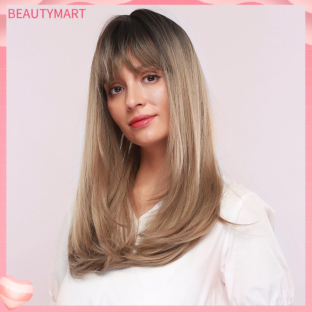 Bộ Tóc Giả Dài Mái Bằng Sợi Tổng Hợp Màu Vàng Nâu Thời Trang Dành Cho Nữ