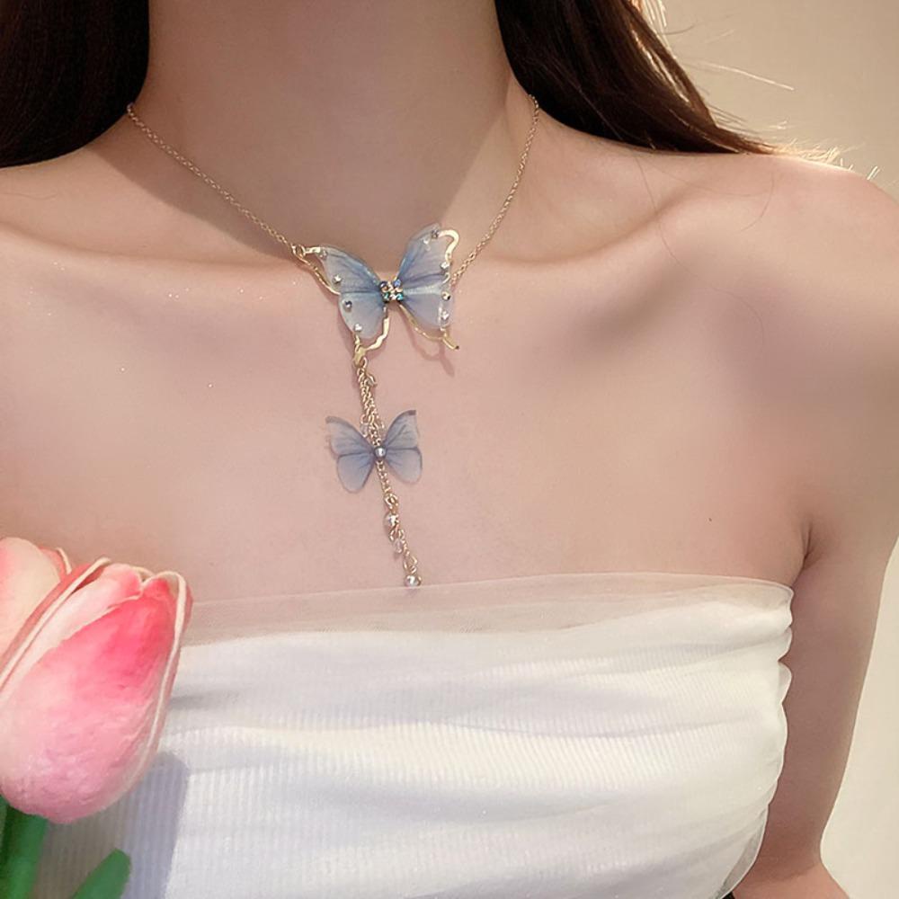 Vòng cổ Mặt Hình Bướm Bằng Hợp Kim Đính Đá Phối Tua Rua Phong Cách Vintage Dành Cho Nữ