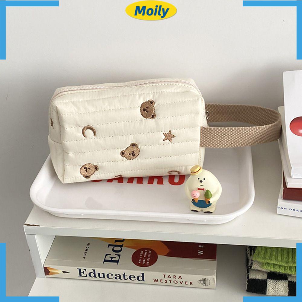 MOILYVN Túi Đựng Mỹ Phẩm Bằng Cotton Có Khóa Kéo Thêu Hình Gấu Xinh Xắn