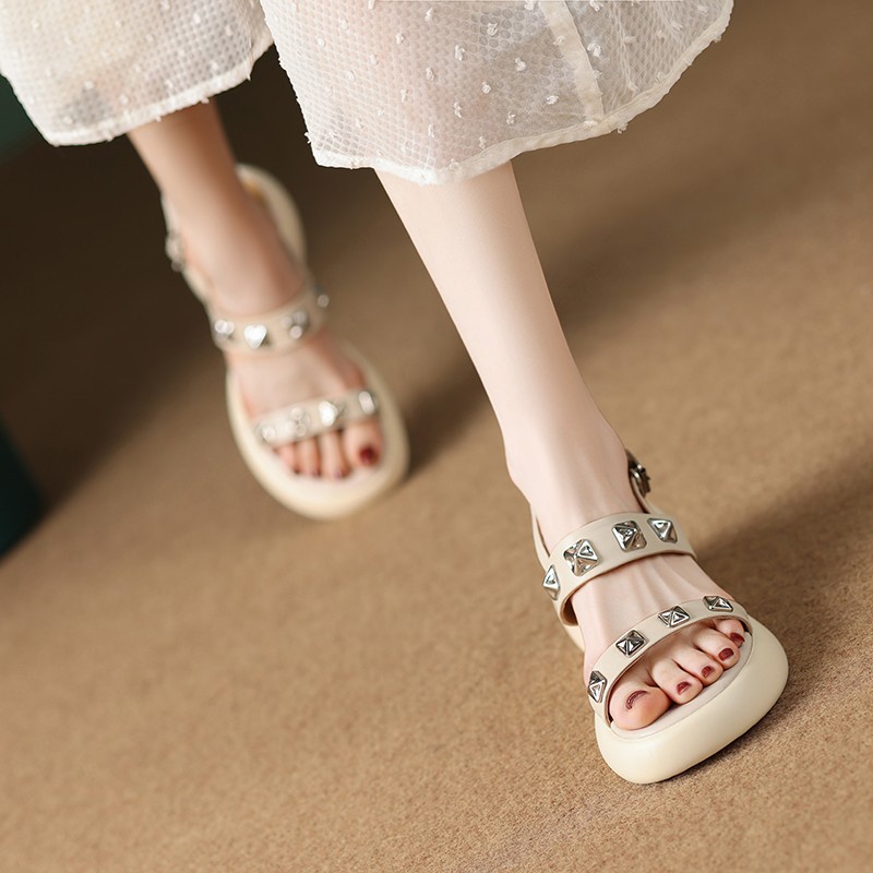 Duoya Tóc Thẳng ~ [Hàng Có Sẵn] Sandal Cao Gót Hở Ngón Bằng Da Thật Mềm Mại Chống Thấm Nước Đính Đinh Tán Thời Trang Mùa Hè Giản Dị Miễn Phí Vậ