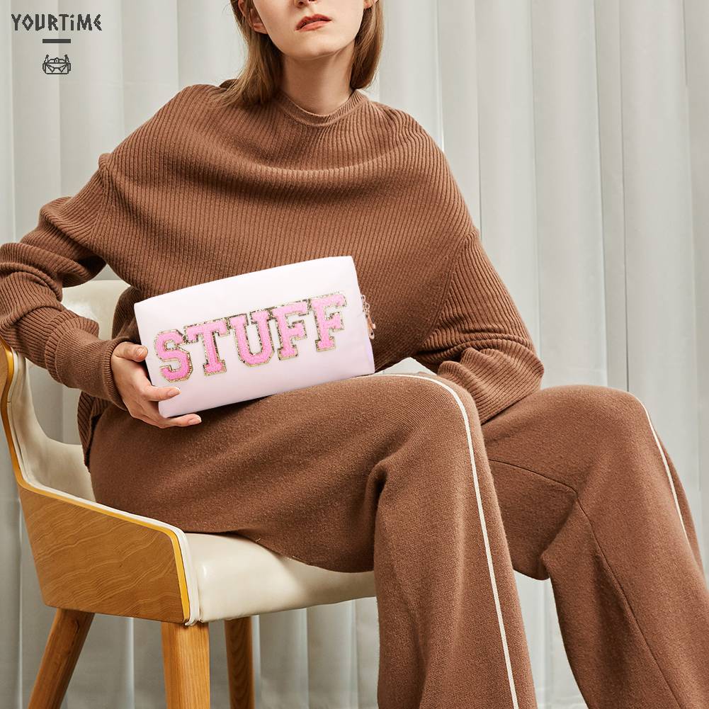 Túi Đựng Mỹ Phẩm Da PU Đa Năng Có Khóa Kéo In Chữ Thời Trang Cho Nữ