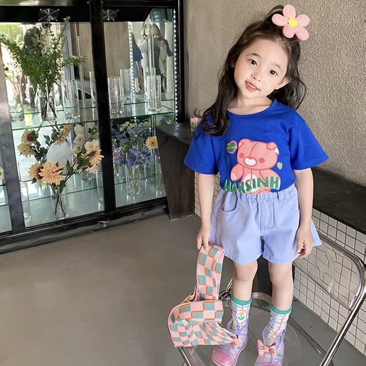 Áo Thun Cotton Tay Ngắn Cổ Tròn In Họa Tiết Hoạt Hình Thời Trang Mùa Hè Dành Cho Bé Gái