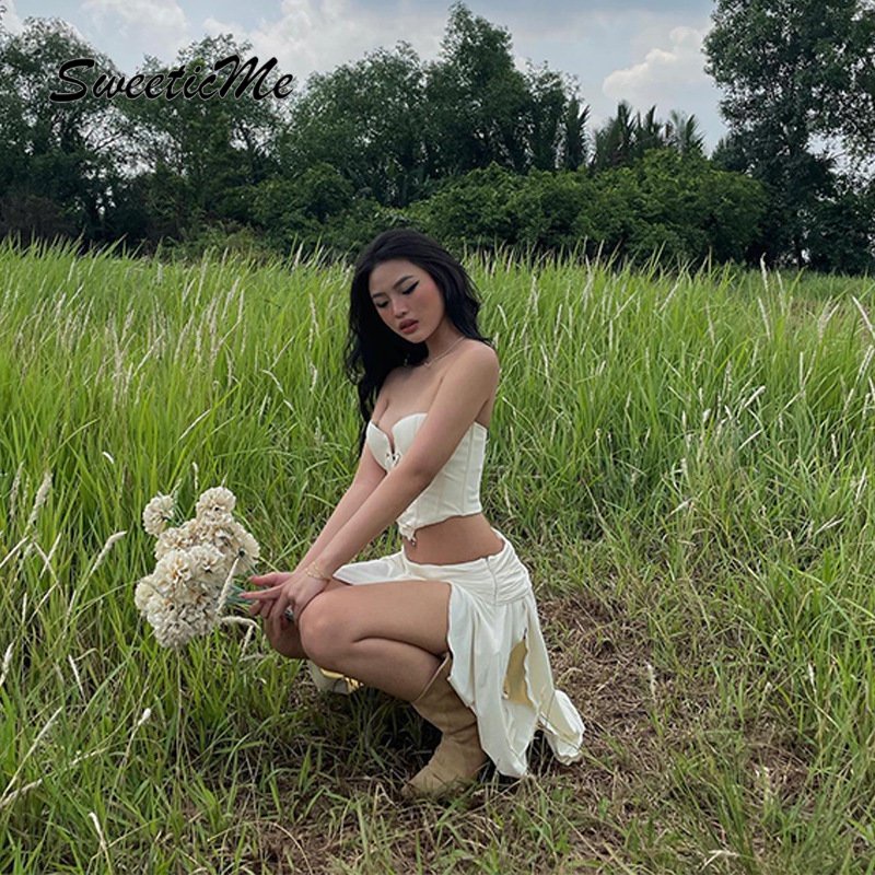 Bộ Áo Croptop Màu Trơn + Chân Váy Dài Xẻ Tà Lưng Thấp Thời Trang Quyến Rũ Cho Nữ SweeticMe 2023