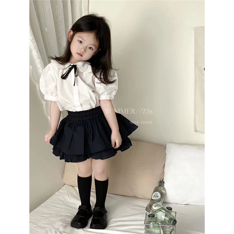 Áo Sơ Mi Tay Ngắn Cổ Peter Pan Thắt Nơ Phong Cách Preppy Mùa Hè Mới 2023 Cho Bé Gái