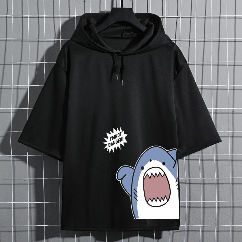 Áo Hoodie Ngắn Tay Màu Đen Họa Tiết Hoạt Hình Thời Trang Mùa Hè Hàn Quốc Cho Nam
