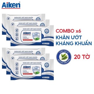 Aiken Combo 6 Gói Khăn Ướt Sạch Khuẩn Chiết Xuất Trà Xanh 20 tờ/gói