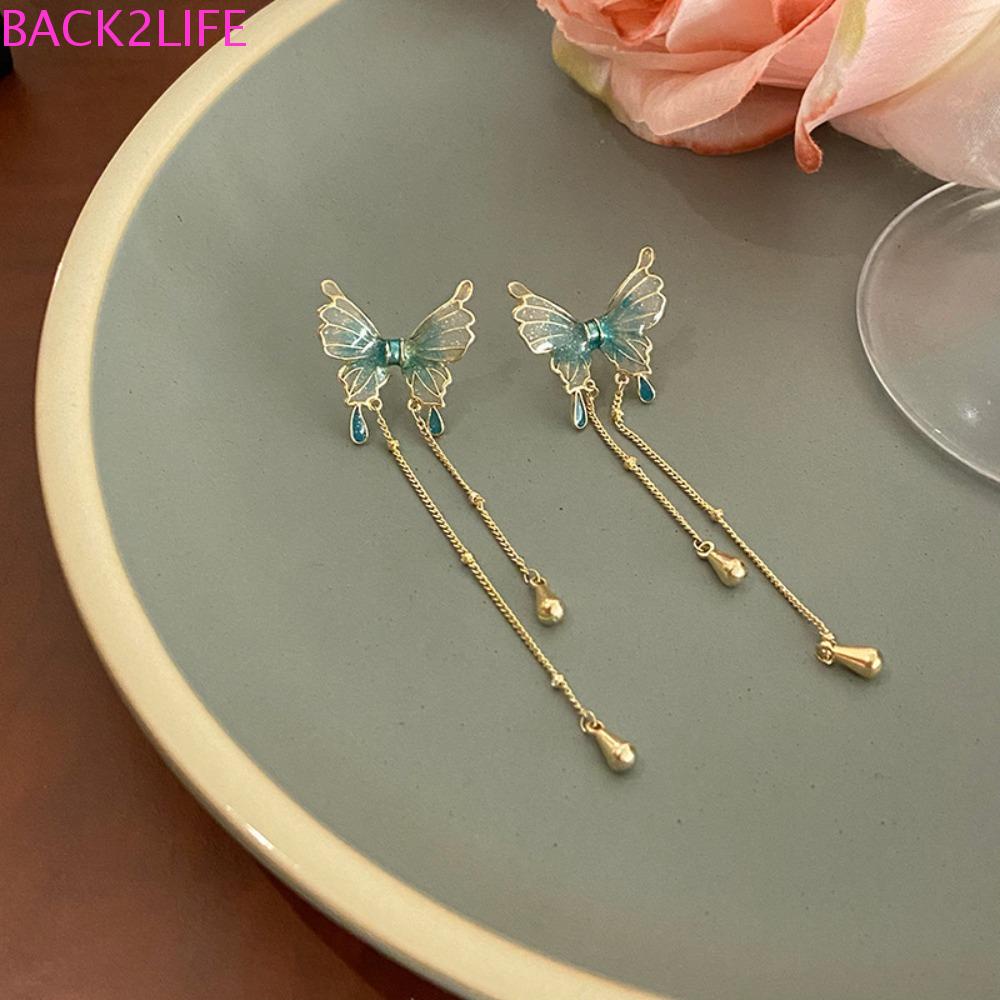 Bộ 2 Bông Tai Dáng Dài Hình Bướm Đính Đá Xanh Lá Dễ Thương Cho Nữ