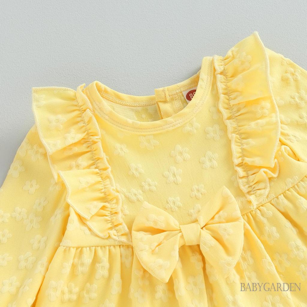 Đầm Chữ A Tay Dài Cổ Tròn Đính Nơ In Hoa Màu Vàng Dành Cho Bé Gái 0-24 Tháng Tuổi