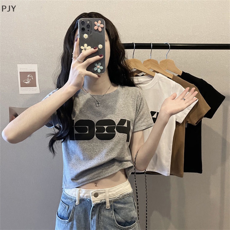 Áo Thun Crop Top Tay Ngắn Cổ Tròn In Chữ Số Thời Trang Mùa Hè Cho Nữ PJ