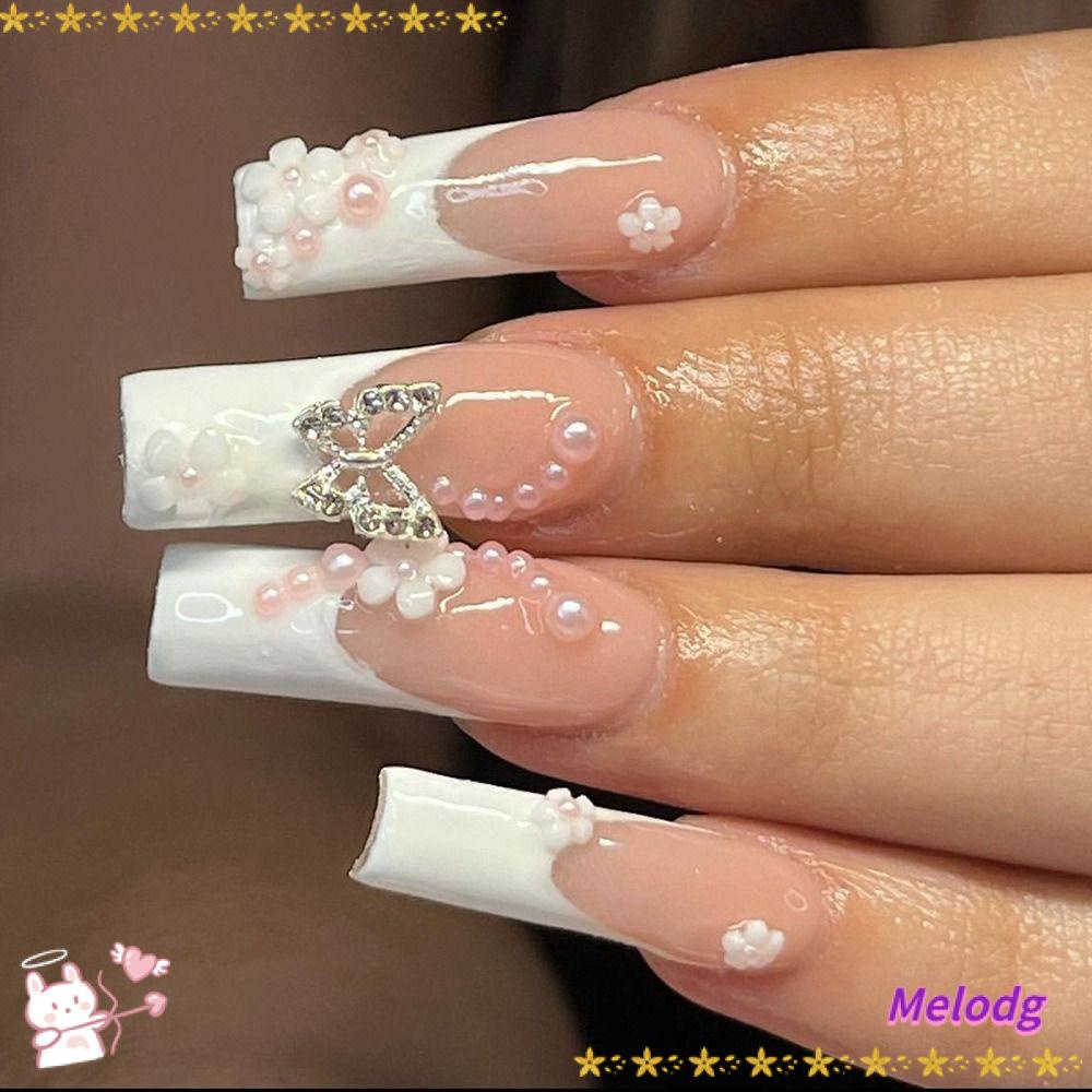 MELODG Bộ Móng Tay Giả Đầu Vuông Dạng Nhấn Thời Trang Có Thể Tháo Rời Cho Nữ