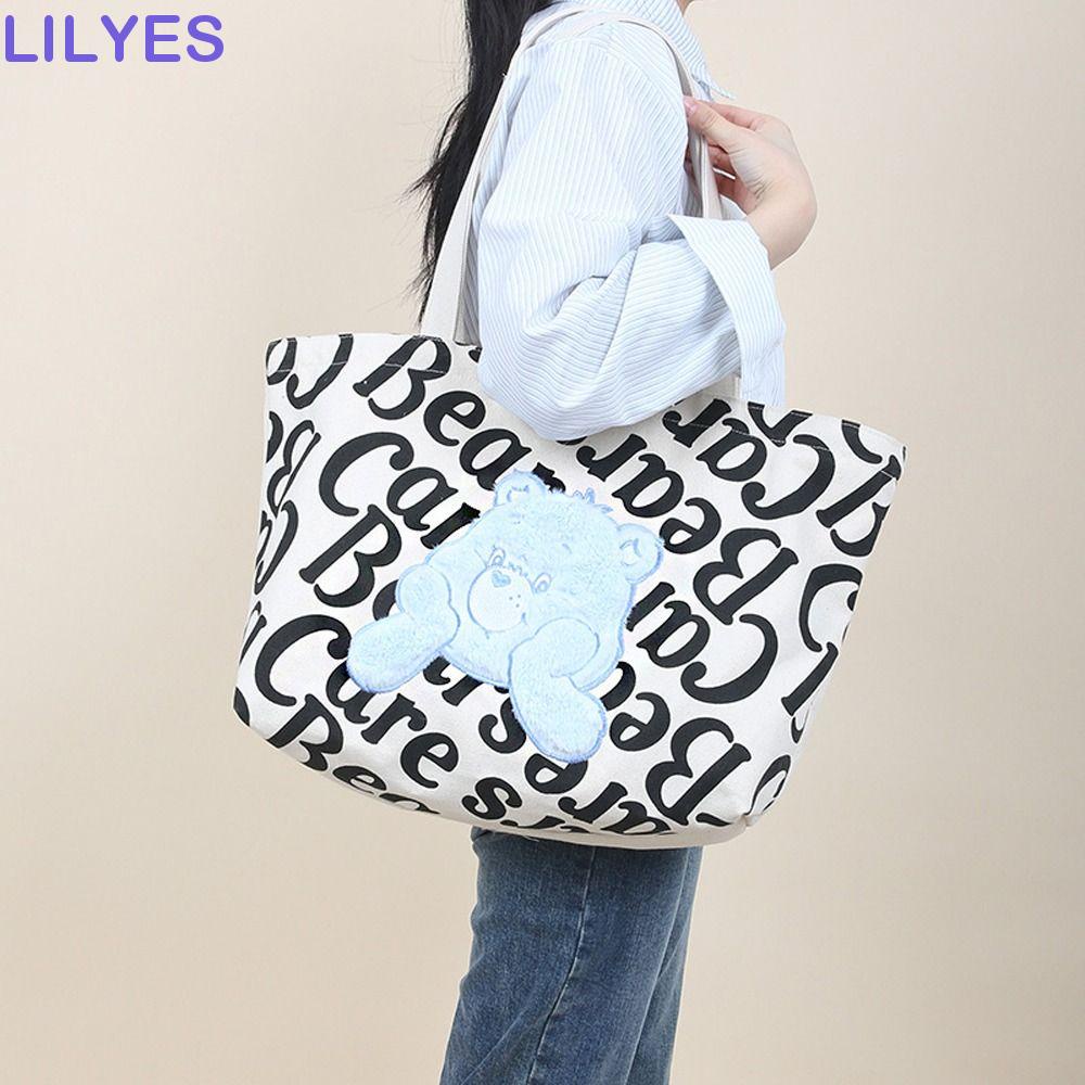 LILYES Carebears Túi Xách Tote Đựng Bút Chì / Mỹ Phẩm / Đồ Trang Điểm Bằng Vải Bạt In Chữ Hoạt Hình Gấu Ins Dành Cho Học Sinh