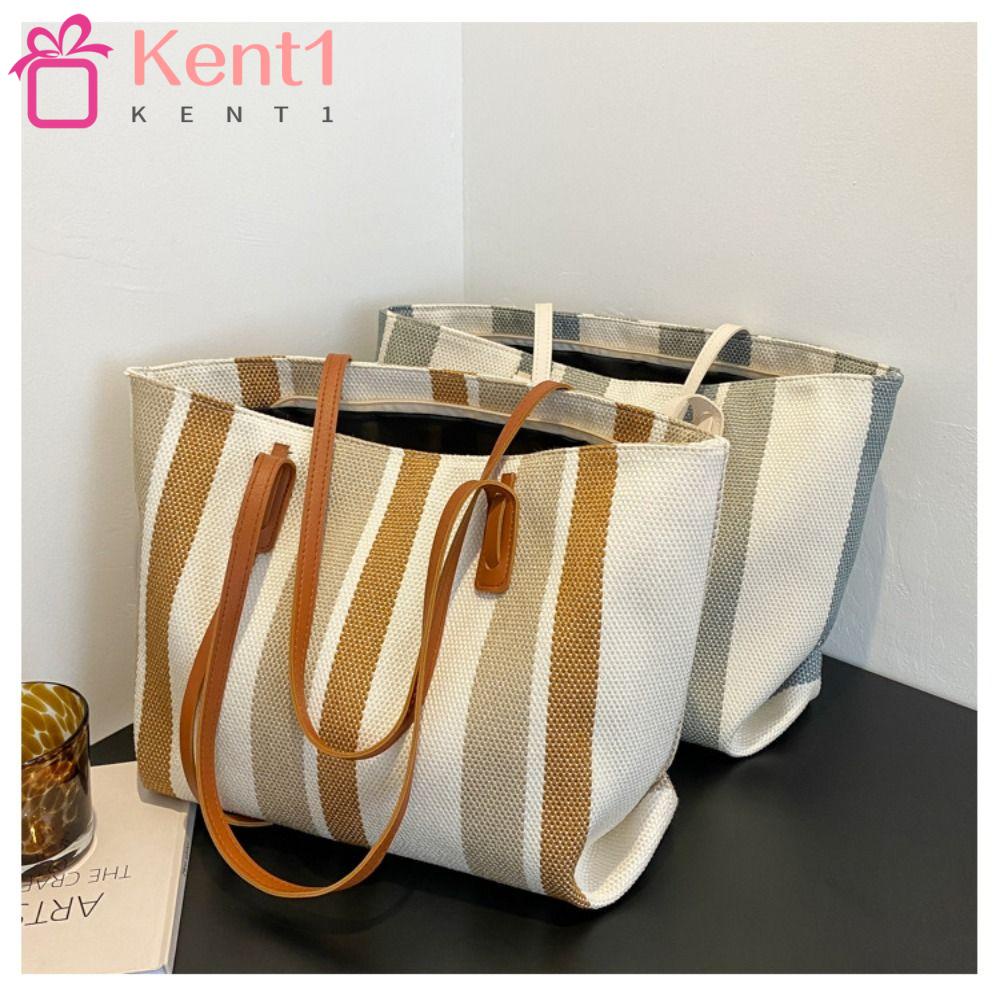 KENT1 Túi Tote Đeo Vai Vải Canvas Cỡ Lớn Họa Tiết Kẻ Sọc Thời Trang Cho Nữ