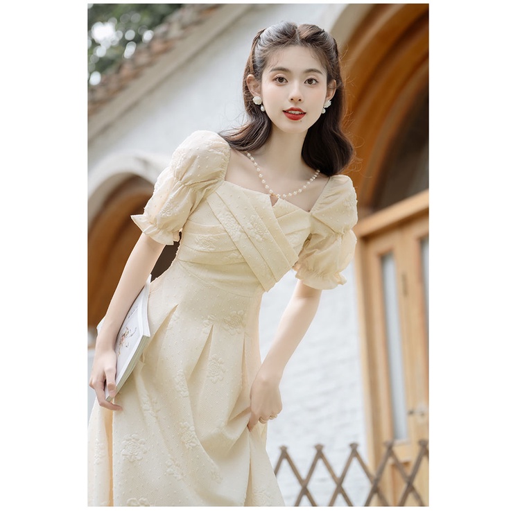 Đầm Trễ Vai Họa Tiết Hoa Hồng Phong Cách Pháp