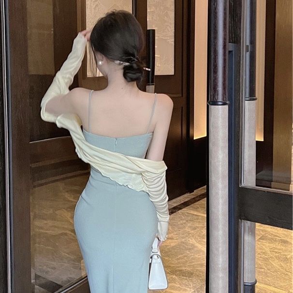 COZOK Bộ Đầm Màu Trơn + Áo Khoác cardigan Tay Dài Thời Trang Quyến Rũ Cho Nữ