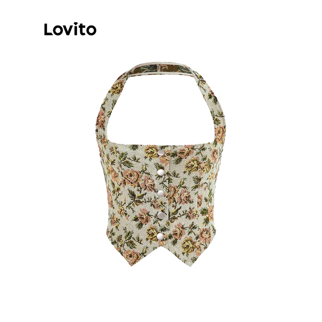 Lovito Áo ba lỗ bất đối xứng có nút hoa thông thường cho nữ L55AD004 (Kaki nhẹ)