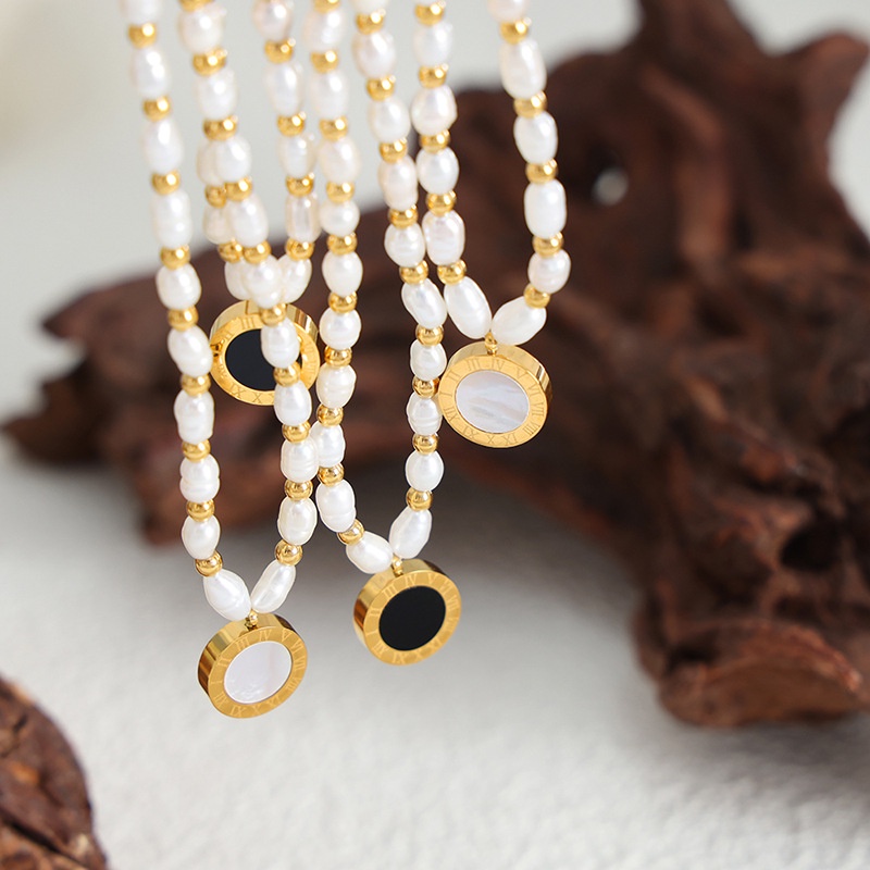 Vòng cổ Hai Mặt Bằng Thép Không Gỉ Mạ Vàng Đính Ngọc Trai Sang Trọng Phong Cách Dongdaemun