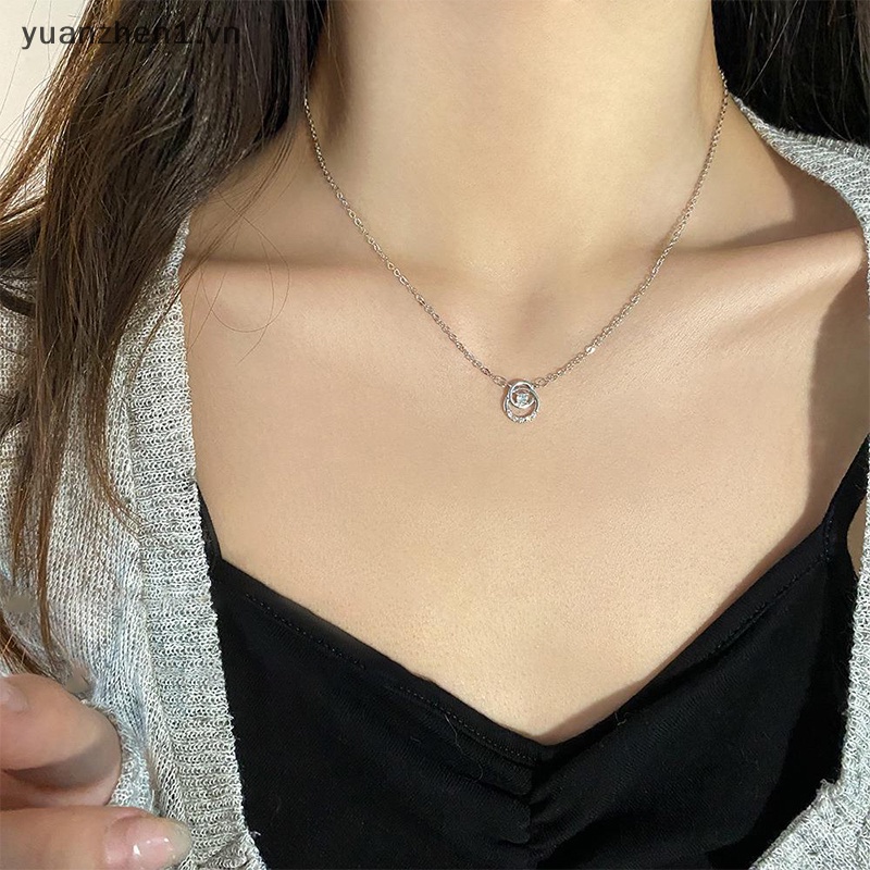 Vòng cổ Bạc Mặt Tròn Đính Đá Zircon Đơn Giản Thời Trang Cho Nữ