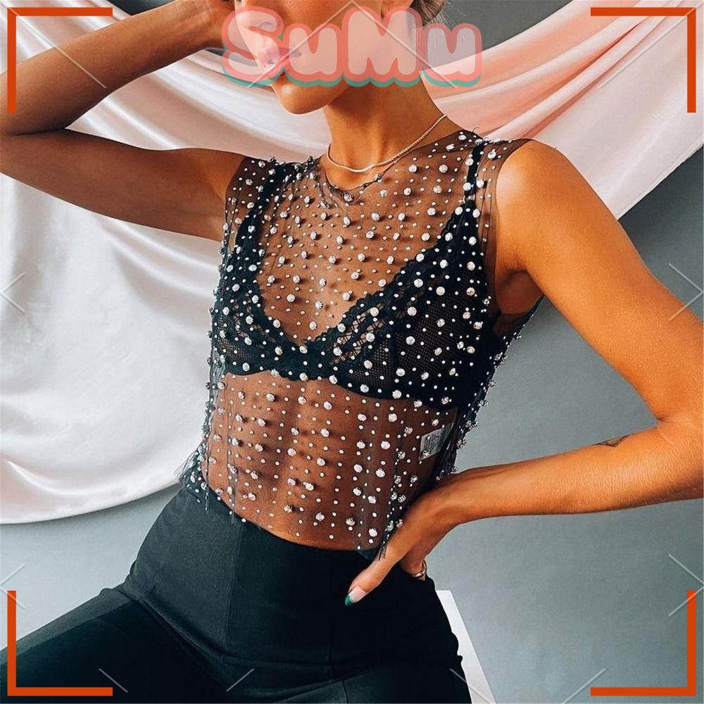 SUMU Áo Lưới Không Tay Xuyên Thấu Đính Đá Thời Trang Dành Cho Nữ