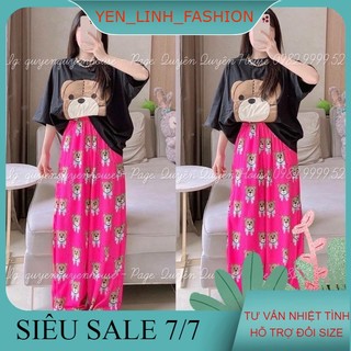 Set áo phông gấu nâu mix quần suông hồng siêu yêu