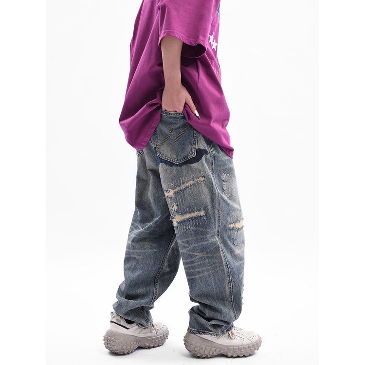 Quần Jean Dài Dáng Rộng Rách Gối Kiểu Retro Đường Phố Mỹ Cá Tính Cho Nam Và Nữ