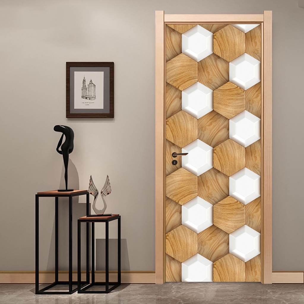 Set 2 Miếng Dán Tường / Cửa Họa Tiết Hình Học 3D Bằng PVC Chống Thấm Nước Trang Trí Phòng Khách