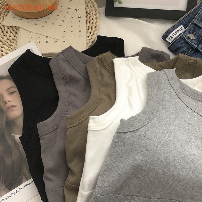 Vastji Áo Croptop Không Tay Màu Trơn Có Đệm Ngực Thời Trang Mùa Hè