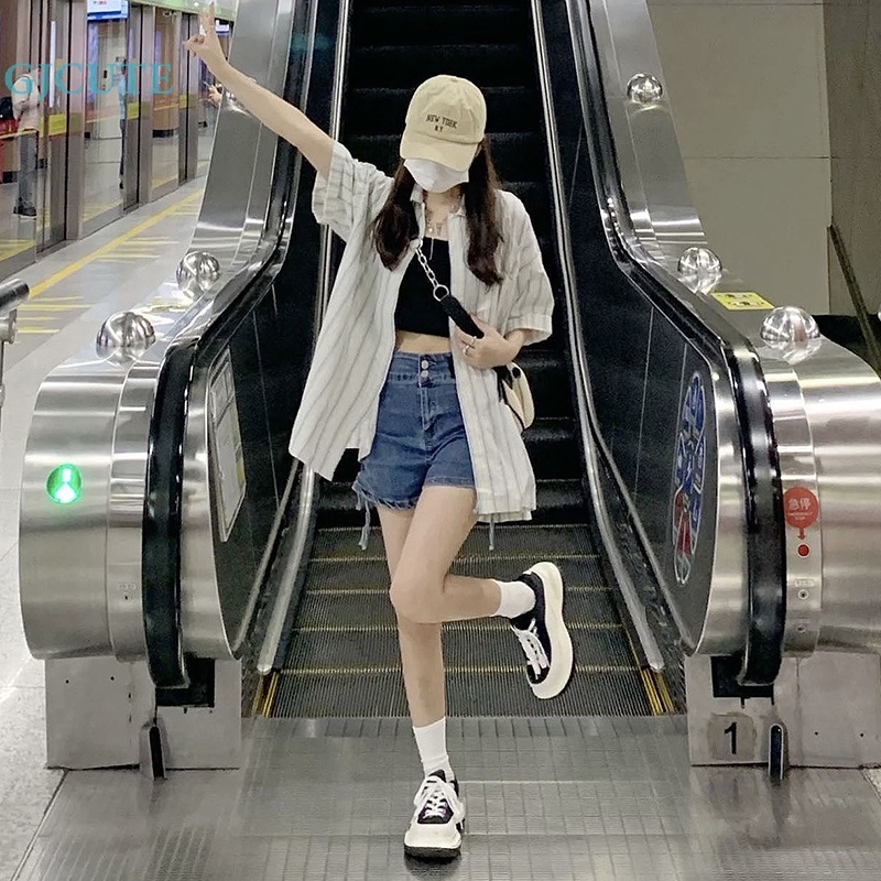 Áo Sơ Mi Mỏng Tay Ngắn Dáng Rộng Thoáng Khí In Họa Tiết Kẻ Sọc Kiểu Retro Xinh Xắn Cho Nữ