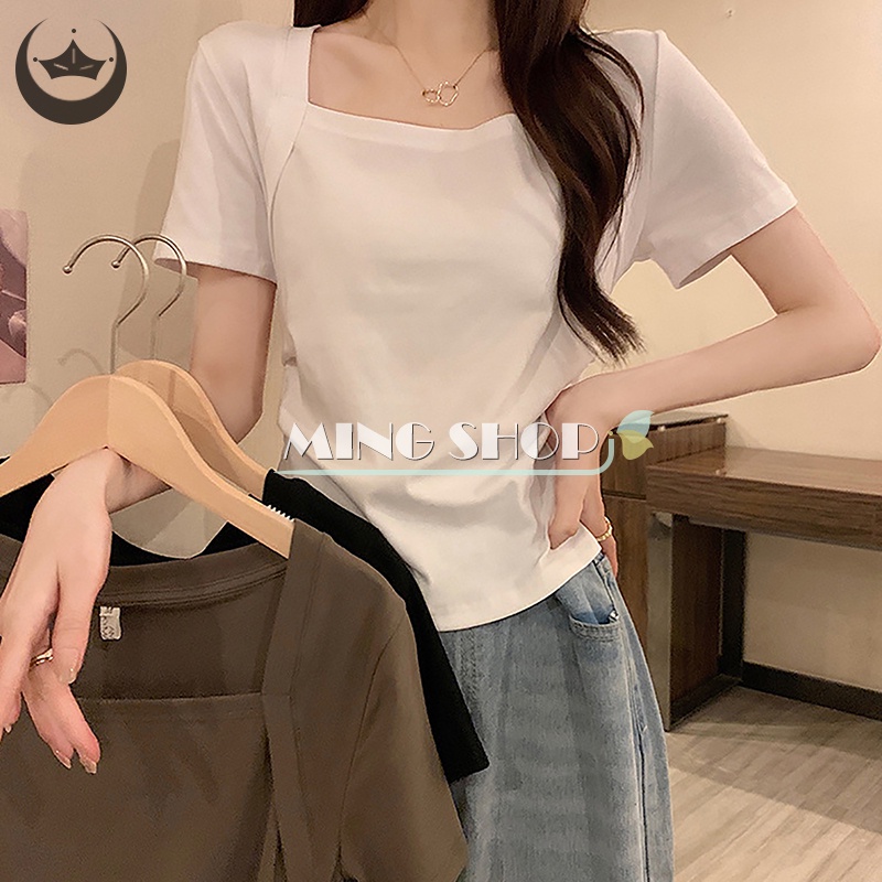Áo Croptop Tay Ngắn Cổ Vuông Màu Sắc Đơn Giản Cho Nữ