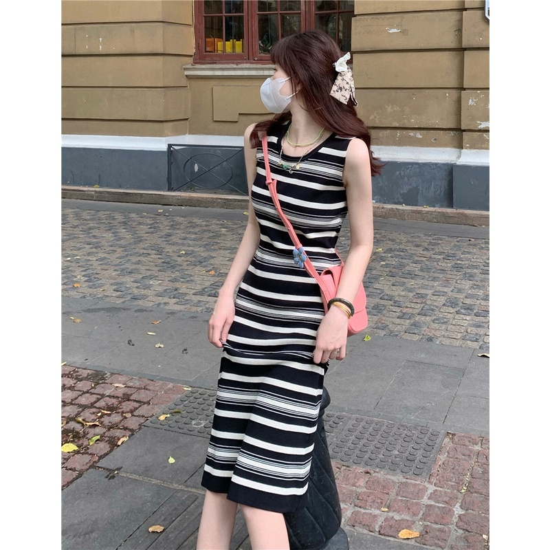 SUXI Đầm Dệt Kim Không Tay Cổ Tròn Họa Tiết Kẻ Sọc Phong Cách Hàn Quốc Thời Trang Cho Nữ