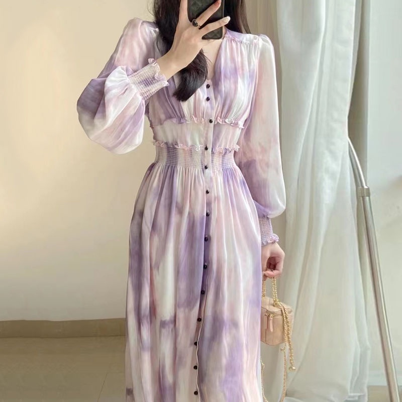 Đầm Chiffon Dài Tay Màu Nhuộm Ôm Eo Thời Trang Mùa Xuân Pháp Cho Nữ