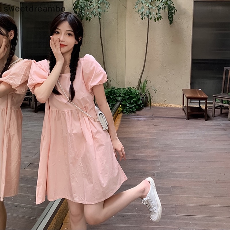 Swe ngắn phồng tay áo Đầm phụ nữ retro rắn đơn giản phong cách Hàn Quốc thời trang dạo phố Womens cổ vuông drn