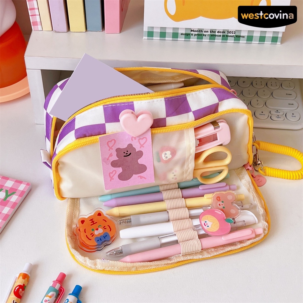[WSTN]✎Hộp Đựng Bút Họa Tiết Kẻ Ô Dày Dặn Chống Bụi Bẩn Tiện Dụng Cho Trường Học