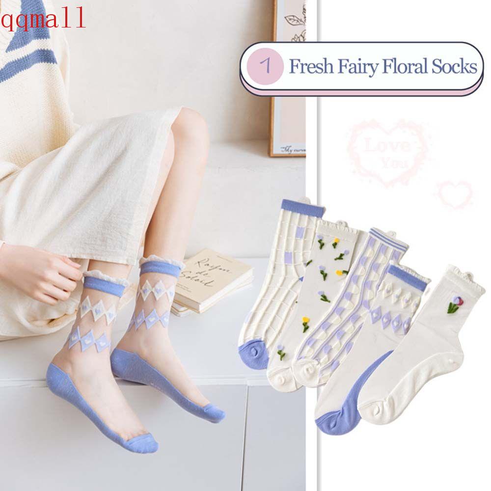 QQMALL Tất Lưới Trong Suốt Thêu Hoa Xinh Xắn Cho Nữ