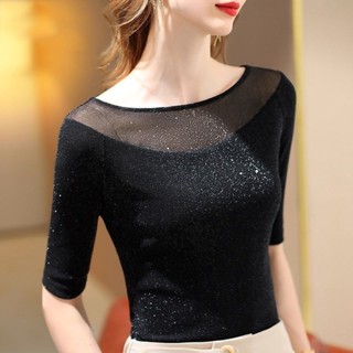 Áo Thun Tay Ngắn Hở Vai Phối Lưới Lấp Lánh Thời Trang Mùa Hè Cho Nữ