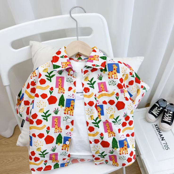90-140cm Bé Trai Mùa Hè Áo Sơ Mi Hoa Tay Ngắn Phong Cách Mới Trẻ Em Hoạt Hình Thường Ngày Ve Áo Sơ Mi Bé Trai Đẹp Trai Top Mỏng