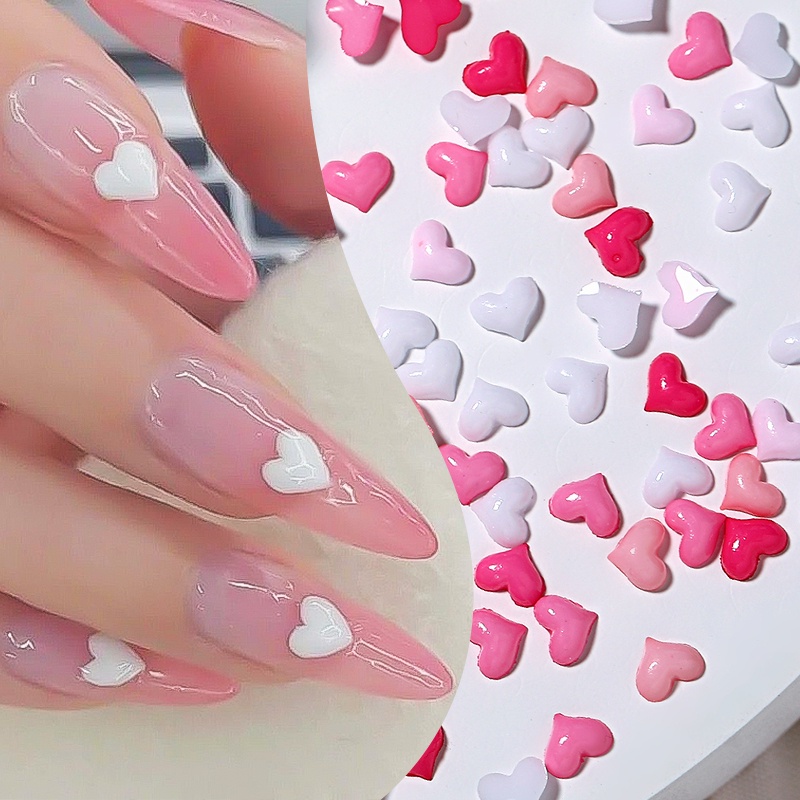 UR Sugar Set 100 Phụ Kiện Trang Trí Móng Tay Nghệ Thuật Hình Trái Tim Màu Trắng Hồng Xinh Xắn