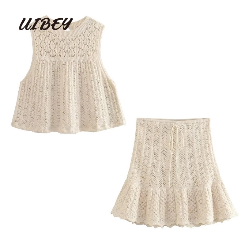 Uibey Bộ Áo Dệt Kim Cổ Tròn Sát Nách + Chân Váy Lửng Dáng Dài Phối Lưới Thời Trang 2645