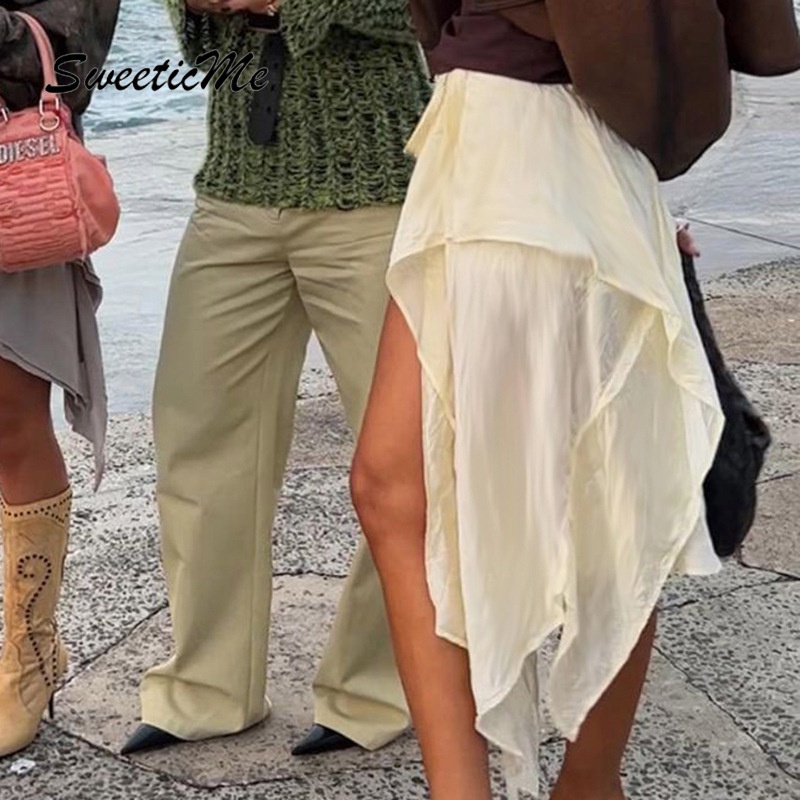 Chân Váy Ren Dài Lưng Thấp Màu Trơn Thời Trang Mới 2023 Cho Nữ