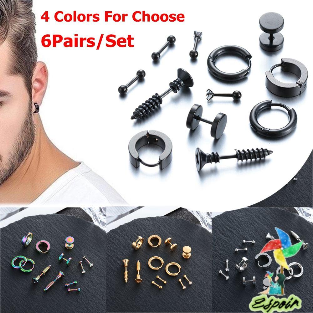 ESPO Set 6 Đôi Khuyên Tai Hình Quả Tạ Màu Đen Bằng Thép Không Gỉ Dành Cho Nam Và Nữ