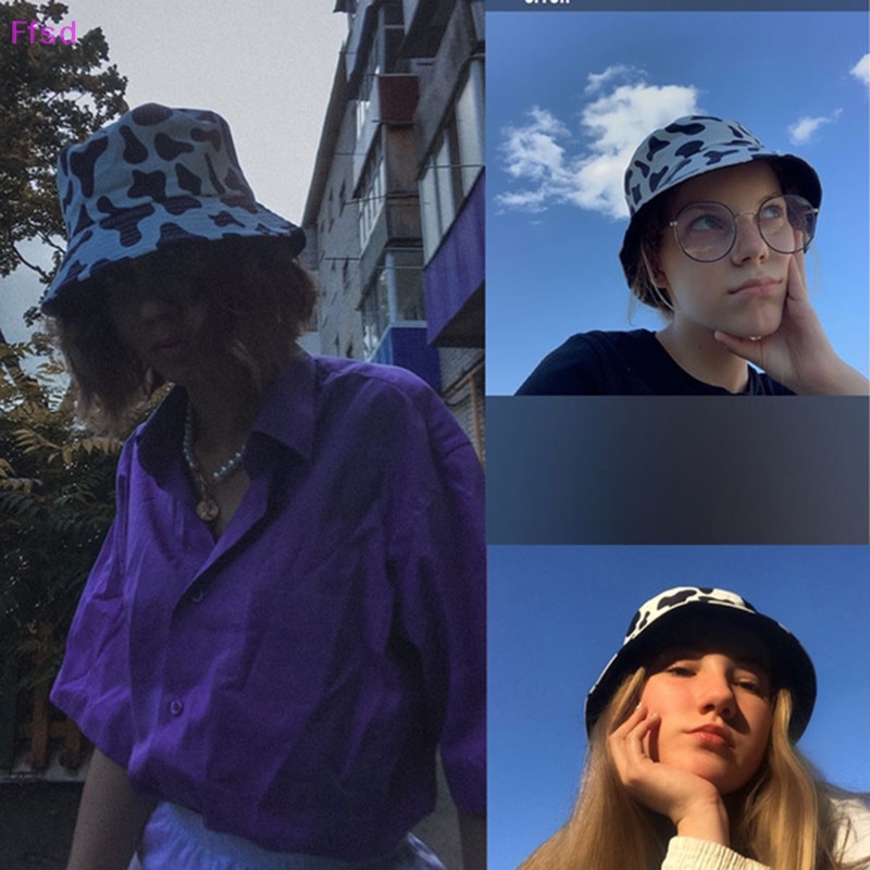 {Ffsd} Mũ Bucket Họa Tiết Bò Sữa Trắng Đen Có Thể Đảo Ngược Thời Trang * Bán Chạy