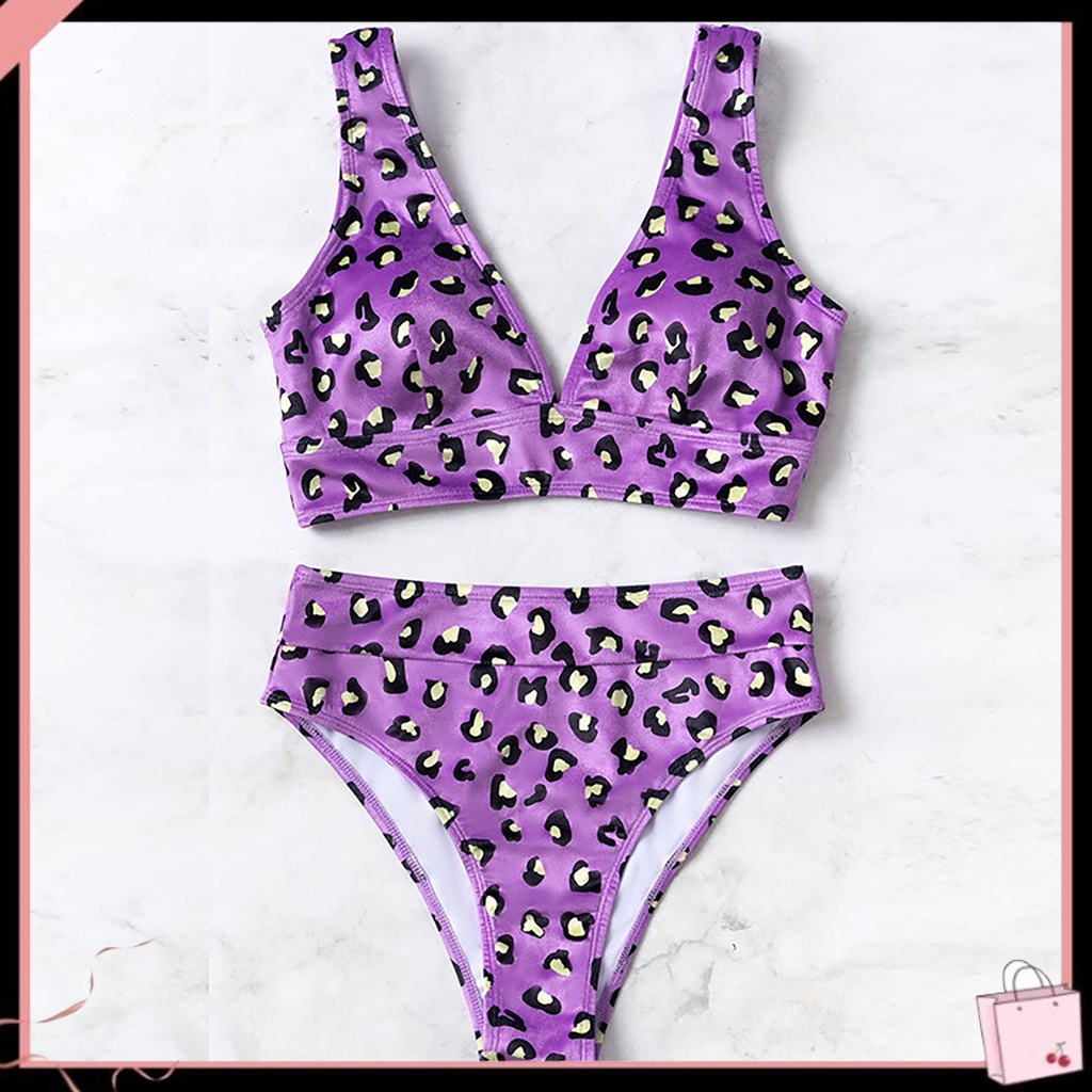 Bộ Bikini 2 Mảnh Họa Tiết Da Báo Eo Cao Khô Nhanh Cổ Chữ V Màu Sắc Tương Phản