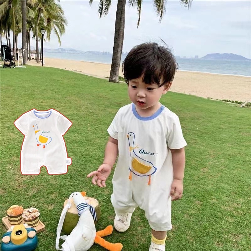 Áo Liền Quần Ngắn Tay Chất Liệu Cotton In Hình Vịt Hoạt Hình Dễ Thương Phong Cách Hàn Quốc Dành Cho Trẻ Nhỏ 0-2