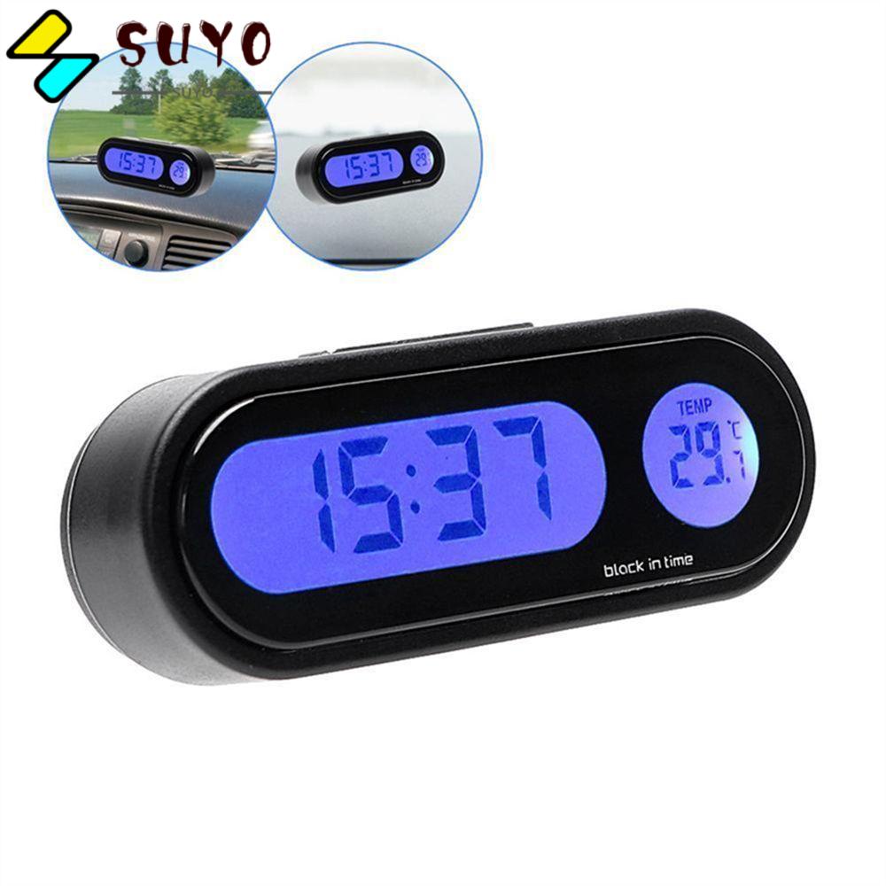 SUYO Đồng Hồ Điện Tử Mini Màn Hình Kỹ Thuật Số Hiển Thị Nhiệt Độ Tự Động Dạ Quang Cho Xe
