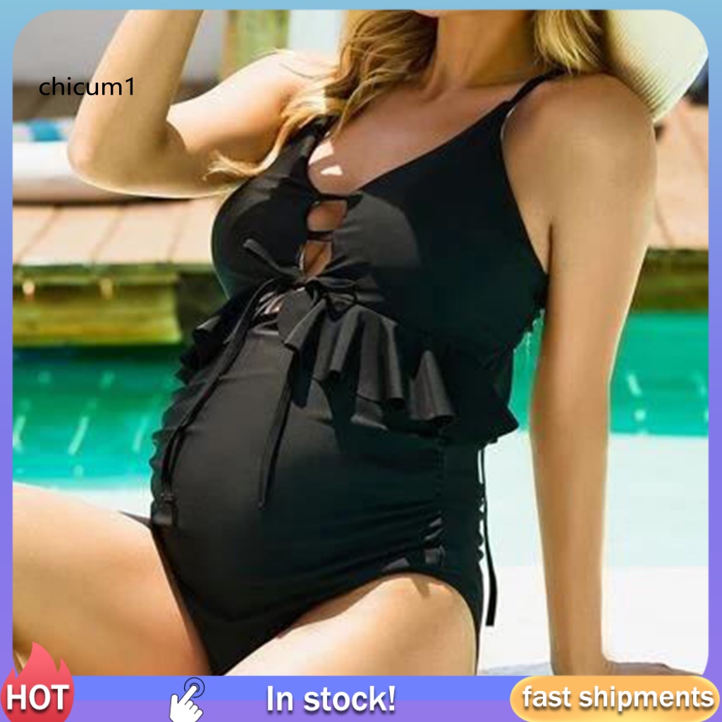 Cc Đồ Bơi Một Mảnh Phối Dây Buộc Trước Sau Lưng Có Thể Điều Chỉnh Trang Trí Diềm Xếp Nếp Cho Mẹ Bầu