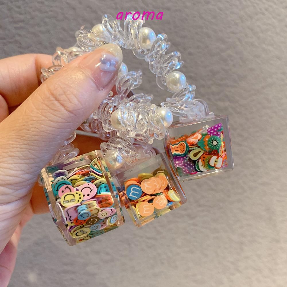 AROMA Dây Buộc Tóc Cao Su Co Giãn Hình Vuông In Họa Tiết Trái Cây Dễ Thương Thời