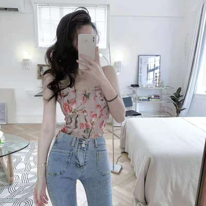 Áo Ống Mỏng Hở Lưng Họa Tiết Hoa Phong Cách Pháp Cho Nữ